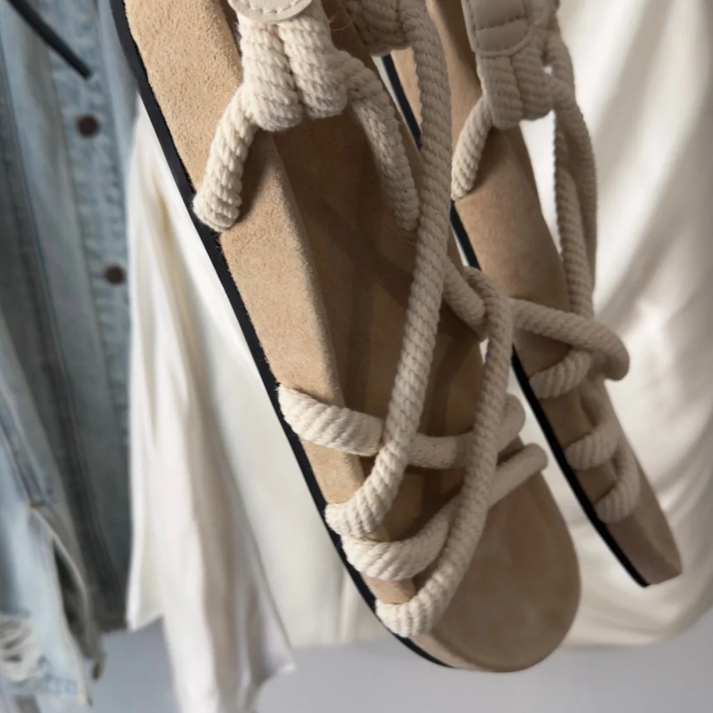 Zara Cream Rope Strappy Sandals with Ankle Buckle - Picture 4 of 7